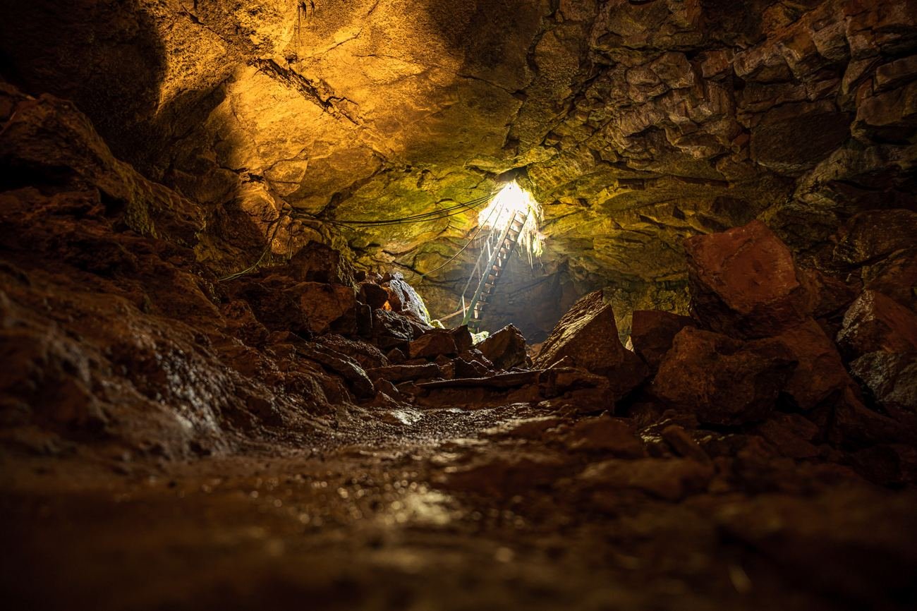 The volcanic lava tunnel illuminated
